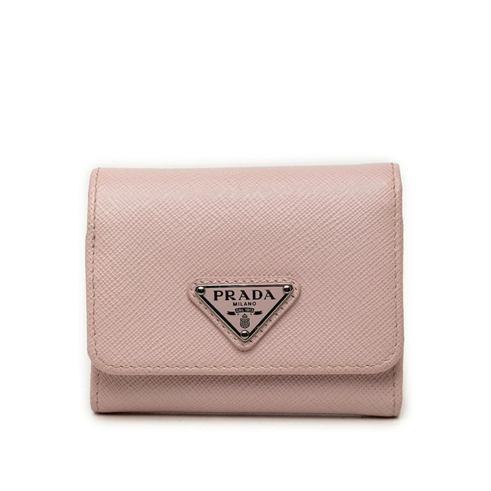 Prada Triangle Logo Plate Saffiano Tri-fold Wallet Light Pink Leather Women's...